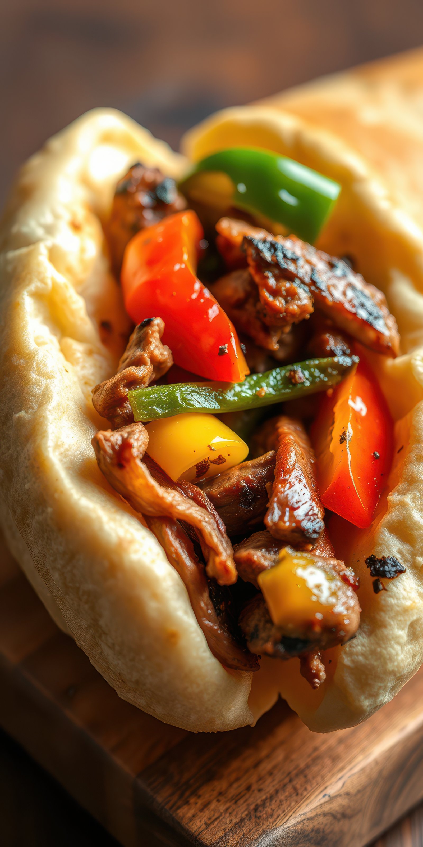 Delicious grilled meat and vegetables wrapped in soft flatbread served warm on a wooden table